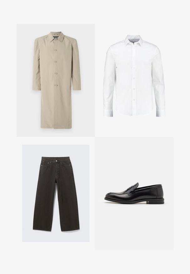 Bežna trenč jakna izdelana iz gladkega, lahkega blaga. Ima ovratnik, sprednje zapiranje na gumbe in dolge rokave s ravnim krojem.; Bela srajca z dolgimi rokavi z gumbi, izdelana iz gladkega bombaža. Ima klasičen ovratnik in zapiranje na gumb spredaj z ravnim robom.; Široke črne kavbojke iz denima imajo visok pas, design s petimi žepi in zapiranje na gumb. Tkanina ima mehak, teksturiran zaključek.; Črne usnjene loafer čevlje z gladko teksturo, zaobljenim nosom in dekorativnim trakom čez zgornji del. Nizka zložena peta, minimalističen dizajn.