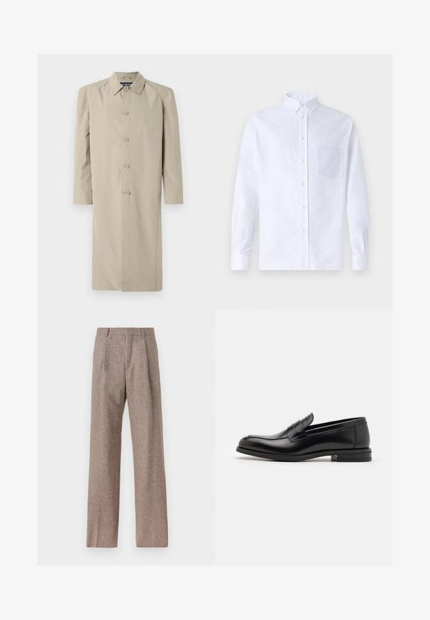 Smėlio spalvos trenčkotai, pagaminti iš lygaus, lengvo audinio. Yra su apykaklės iškirpte, mygtukų uždarymu priekyje ir ilgomis tiesiomis rankovėmis.; Balta ilga rankovė mygtukų marškiniai, pagaminti iš medvilnės, su krūtine kišene ir toniniu siuvinėjimu, apykakle ir mygtukų apvadu.; Rudos, aukšto liemens kelnes, pagamintas iš tekstūruotos medžiagos. Plati kojos, dvi priekinės klostės struktūrai. Tvarkingas apdailos darbai, be matomų detalių.; Juodos odinės loafers, turinčios lygų paviršių, apvalią noselę ir dekoratyvinę juostą per priekinę dalį. Žemas krentantis kulnas, minimalistinis dizainas.