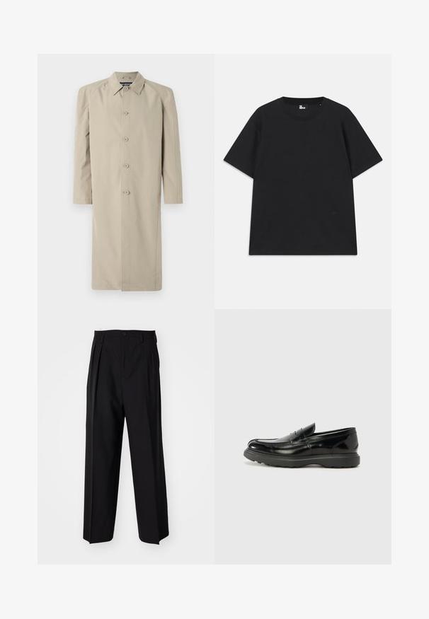 Manteau beige en tissu lisse et léger. Il présente un col, une fermeture à boutons sur le devant et des manches longues avec une coupe droite.; T-shirt noir à manches courtes en coton, avec un col rond et un petit logo près de l'ourlet. Texture lisse, coupe régulière.; Pantalons plissés noirs avec un design droit et large. Fabriqués en tissu lisse, avec une fermeture à bouton et des passants de ceinture.; Mocassin en cuir noir avec une finition brillante, bout arrondi, détails de couture subtils et semelle en caoutchouc épaisse pour la durabilité.