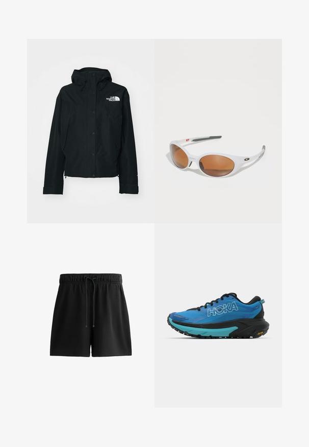 Svart vattentät jacka med huva, som har tryckknappar, elastiska ärmslut och en vit logotyp på övre vänstra sidan. Slät textur.; Vit bomullströja med korta ärmar, rund halsringning, avslappnad passform, bärs med gröna shorts. Slät textur, inga synliga mönster eller detaljer.; Svarta shorts av mjukt material, med elastisk midja och snörning, sidofickor samt en enkel, strömlinjeformad design.; Blå löparskor med svarta detaljer, med en texturerad ovandel, vadderad krage och en tjock svart och turkos mellansula med Vibram-sula.; Vita solglasögon med bruna linser, oval form, tillverkade av slät plast, med grå detaljer på bågarna och en logotyp på ramen.