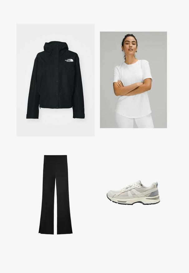 Svart vattentät jacka med huva, som har tryckknappar, elastiska ärmslut och en vit logotyp på övre vänstra sidan. Slät textur.; Vit kortärmad t-shirt av slät tyg, med rund halsringning och böjd fåll. Bärs med vita underdelar.; Svarta byxor med en vid design, utrustade med hög midja och sidofickor för ökad rörelsefrihet. Tillverkade av ett mjukt, stretchigt tyg.; Beige sportskor med texturerad mesh-överdel och släta detaljer. Har en vadderad sula, förstärkt tå och svart gummiyttersula.