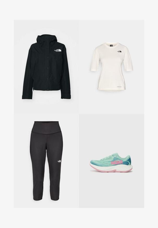Chaqueta negra impermeable con capucha, que cuenta con botones de presión, puños elásticos y un logo blanco en la parte superior izquierda. Textura suave.; The North Face SHADOW SHORT SLEEVE - Camiseta deportiva - white dune; Leggings capri negros hechos de una tela elástica, con una cintura alta y un pequeño logo blanco en el lado izquierdo. Textura suave.; Zapatilla de correr azul claro con parte superior de malla, logo rosa y suela blanca-rosa. Cuenta con un collar acolchado y un diseño texturizado para una mayor transpirabilidad.