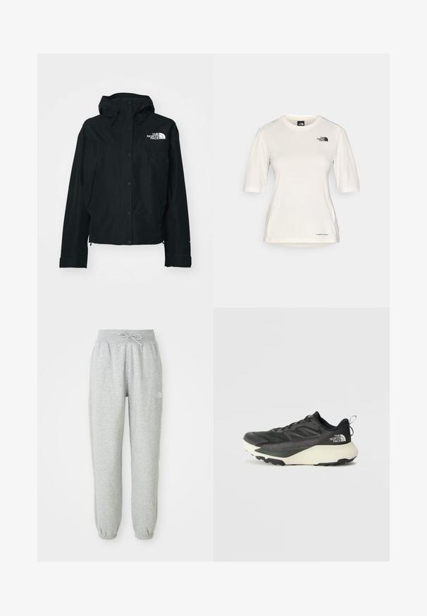 Casaco impermeável preto com capuz, featuring botões de pressão, punhos elásticos e um logo branco no upper left side. Textura suave.; The North Face SHADOW SHORT SLEEVE - T-shirt desportiva - white dune; Calças de moletão cinzentas com um cós elástico e cordão. O tecido é suave, apresentando punhos elásticos nos tornozelos e um detalhe com logótipo.; Shoe atlético preto com um cabedal texturizado, apresentando detalhes em cinza e uma entressola branca. Inclui uma alça e um logótipo da marca em destaque no calcanhar.