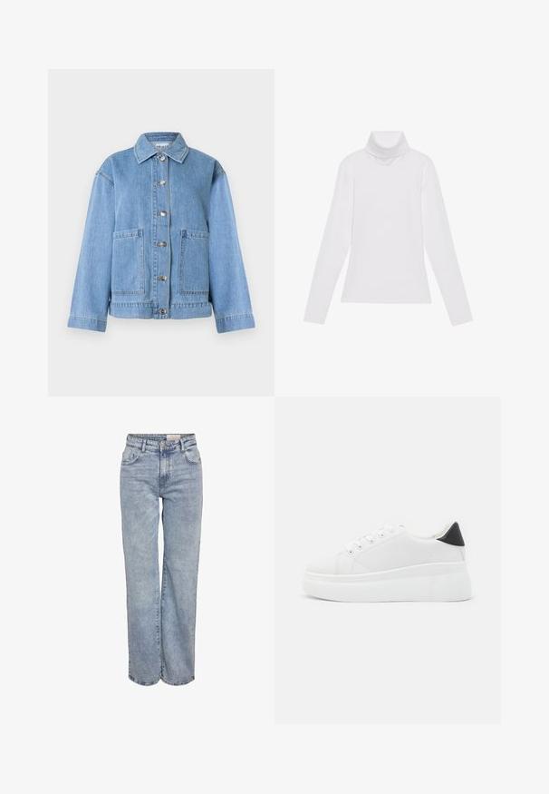 Lyseblå denimjakke med krave, lange ærmer, knaplukning foran og to store forlommer mod en hvid baggrund.; Hvid langærmet turtle-neck top lavet af glat, strækbart stof. Har en høj krave og tætsiddende design, uden synlige mønstre eller udsmykninger.; Lyseblå vidde jeans lavet af denim, med høj talje, fem-lomme design og subtil falmning for et slidt look.; Hvide platform sneakers lavet af glat syntetisk materiale, med en afrundet tå, snørebåndsdesign og en struktureret gummisål. Sorte hæl akcent.
