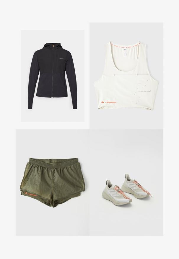 Černá zipová bunda s kapucí, s dvoubarevným designem, hladkou texturou a vytlačeným logem na oblasti hrudníku.; Bílý sportovní top s kulatým výstřihem, oranžovým značeným lemem a metalickým potiskem se textem "běhej s myslí". Obsahuje minimalistické designové prvky.; Olivově zelené sportovní šortky s elastickým pasem, vnitřní podšívkou, perforovanými bočními panely a červeným logem.; Svetlé sportovní boty s texturovaným bílým svrškem, oranžovými tkaničkami a silnou, polstrovanou podrážkou. Třístupňový design na boku.