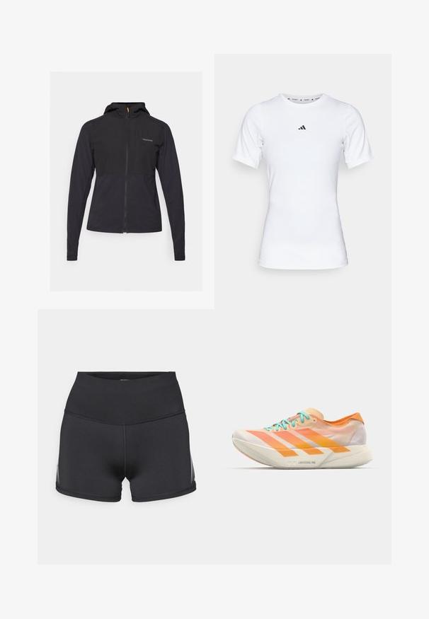 Svart zip-up jakke med hette, med to-tonet design, glatt tekstur og preget logo på brystområdet.; Hvit idrettsskjorte med korte ermer, laget av glatt, elastisk stoff. Har en liten svart Adidas-logo på brystet.; Svarte atletiske shorts med høy midje, laget av elastisk stoff. Har hvite sidestriper og flatlock-sømmer for komfort.; Løpesko med en blandet design av oransje, fersken og hvitt. Har tre hvite striper og lyseblå snøringer.