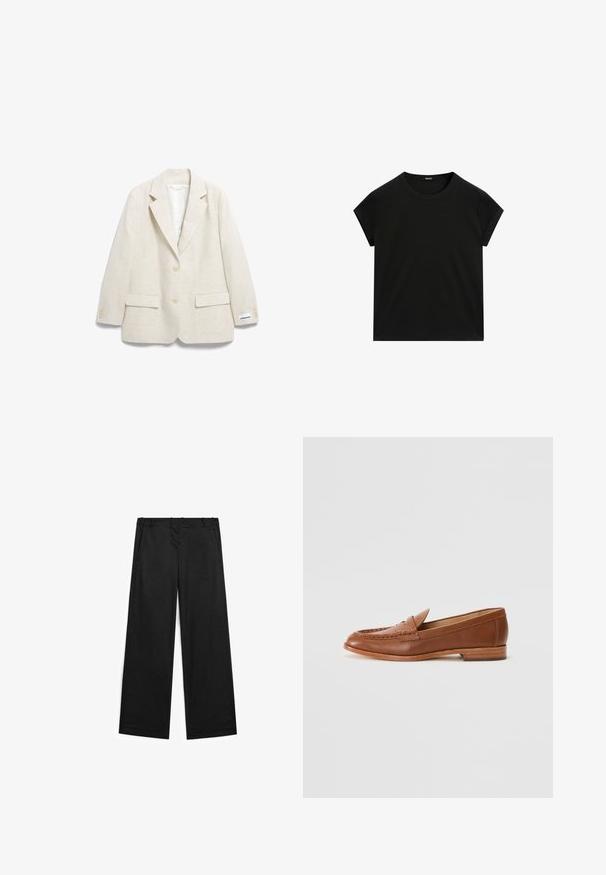 Beige linnen blazer met een notch lapel, twee voorzakken en drieknoopmanchetten, met een label gestikt op de mouw.; Zwarte t-shirt met korte mouwen en ronde hals, met een rechte zoom, plat weergegeven op een witte achtergrond.; Wijd uitgesneden zwarte broek van een katoenmix stof, met een zachte textuur, voorzakken en minimale stikseldetails.; Lauren Ralph Lauren WYNNIE - Instappers - deep saddle tan