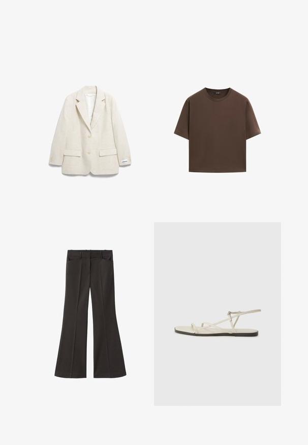 Beige linned blazer med spids revers, to frontlommer og knapmanchetter med tre knapper, samt et mærke syet på ærmet.; Brun bomulds t-shirt, korte ærmer, rund halsudskæring, afslappet pasform, glat tekstur, minimalistisk design, ingen synlige mønstre eller accenter.; Sorte flagrende bukser med høj talje; har to forlommer og en glat stofstruktur. Egnet til forskellige anledninger.; Beige flad sandal med flere slanke stropper og en justerbar spænde. Sålen er flad med en let mørkere kontrast ved kanten.