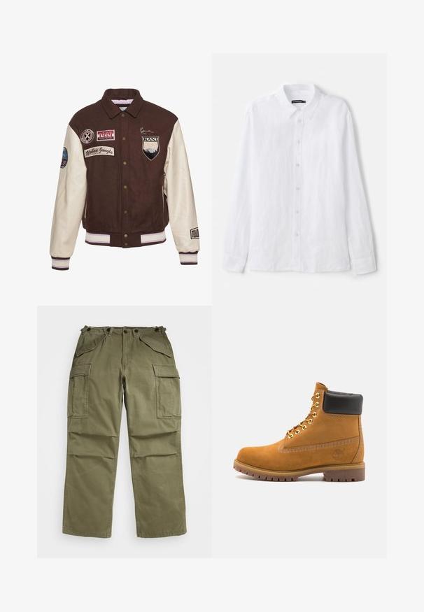 Braune und cremefarbene College-Jacke mit Knöpfen, gerippten Bündchen mit Streifen, verschiedenen Aufnähern und einem gestickten Berg-Logo.; Weißes Langarm-Hemd aus strukturiertem Stoff. Verfügt über einen klassischen Kragen und eine durchgehende Knopfleiste mit kleinen, runden Knöpfen.; Olivegrüne Cargo-Hosen aus strukturiertem Stoff, mit mehreren Front- und Seitentaschen sowie verstärkten Nähten an den Säumen.; Beige Wildleder-Ankle-Boot mit schwarzem gepolstertem Kragen, goldenen Metallösen, weißen Nähdetalben und einer robusten Gummisohle mit ausgeprägtem Profil.