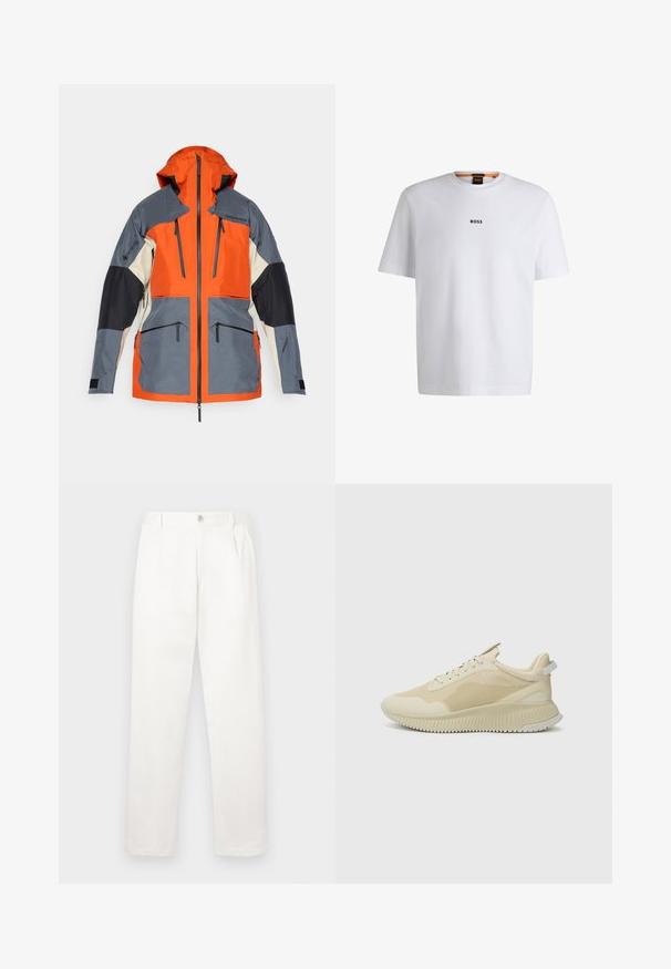 Kapuutsitekk, millel on oranžid, hallid ja mustad paneelid. Veekindel materjal kahe luku tõmbava taskuga ja mustade aktsentidega varrukatel.; Valge puuvillane T-särk lühikeste varrukatega, millel on must "BOSS" logo, mis on keskendatud rinnale, ja ümmargune kaelaava disain.; Valged püksid, mis on valmistatud siledast kangast, sirge jala disainiga, ees olevate voldidega ja ühekordse nupuga vöökohtadel.; Heledad beežid spordijalatsid tekstuurse pealispinnaga, võrkpaneelidega ja paksu, soonilise tallaga. Omavad ülelnud brändimist küljele.