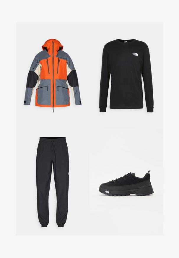 Kapucēta jaka ar oranžiem, pelēkiem un melniem paneļiem. Ūdensnecaurlaidīgs materiāls, divas ar rāvējslēdzēju aizveramas kabatas un melni akcenti uz piedurknēm.; Melnā garenā piedurkņu T-kreklā, kas izgatavots no kokvilnas, kreklā ir balts logo uz kreisā krūšu laukuma un ribotās aproces. Tam ir gluda tekstūra un apaļa izgriezuma forma.; Melni sporta bikses, kas izgatavotas no viegla auduma, ar savelcamu jostu, sānu kabatām un sašaurinātiem apakšējiem galiem pie potītēm.; Melni āra sporta apavi ar zamšādas virsu, teksturētu gumijas zoli un izturīgu auklu sistēmu. Iezīmēts ar pastiprinātu papēdi un zīmola logo sānu daļā.