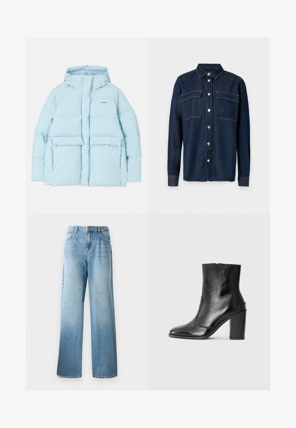 Casaco acolchoado azul claro com capuz, apresentando um fecho na frente, dois bolsos frontais grandes e um pequeno logótipo no lado esquerdo do peito.; Camisa de denim escuro com gola, dois bolsos no peito e botões metálicos. Apresenta costuras em contraste e mangas longas com punhos abotoados.; Jeans de ganga de cor azul clara com um corte largo, pernas retas e adornos discretos. Apresenta um design tradicional de cinco bolsos e passadores de cinto.; Bota ankle preta em pele com uma textura suave, bico fino e um salto alto robusto. Apresenta uma abertura lateral e um design minimalista.