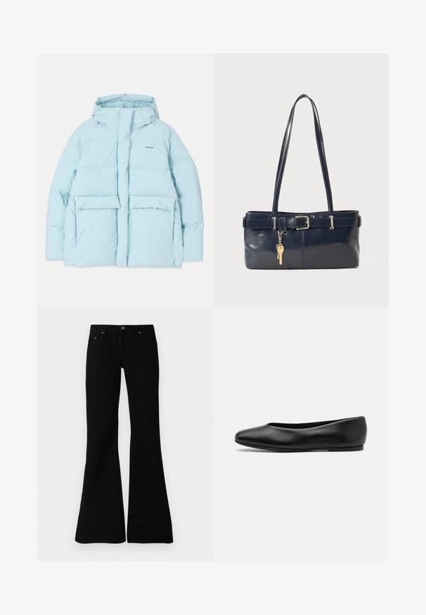 Light blue padded jacket with a hood, featuring a front zipper, two large front pockets, and a small logo on the left chest.; Black short-sleeve t-shirt made of cotton, featuring a crew neckline and a small logo on the left chest. Smooth texture and relaxed fit.; Black flared jeans made from denim, featuring a classic five-pocket design, button closure, and subtle stitching details along the seams.; Paul Smith TOPANGA - Ballet pumps - black; Navy leather handbag with two long handles, a buckle detail, and a keychain attached. Features a smooth texture and a rectangular shape.