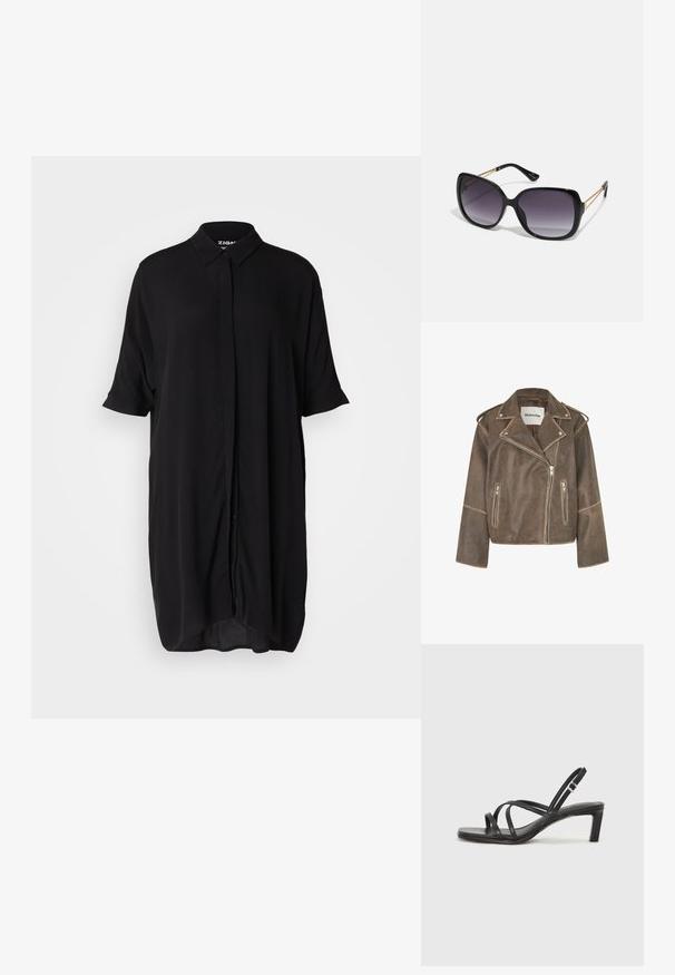 Ruda odinė motociklo striukė su įpjautu apykakle, asimetriniu užtrauktuku ir dviem priekiniais užtrauktukais. Tekstūruotas paviršius su peties akcentais.; Juoda trumpa rankovė suknelė, pagaminta iš lengvos medžiagos. Yra apykaklė, sagčių priekis ir laisvas, pailgas siluetas.; Juodi šlepetės su kvadratiniu pirštu ir žemu bloku kulnu. Yra keli ploni dirželiai ir reguliuojamas kulkšnies diržas. Pagaminti iš lygios odos.; Juodos didelės saulės akinių su pereinamais objektyvais, storomis rėmeliais ir auksinės spalvos grandinėmis ant šventyklų.; Juodas odinis per petį nešiojamas krepšys turi lygų paviršių, stačiakampio formą ir metalinę grandinėlę priekyje. Pridedama reguliuojama dirželis.