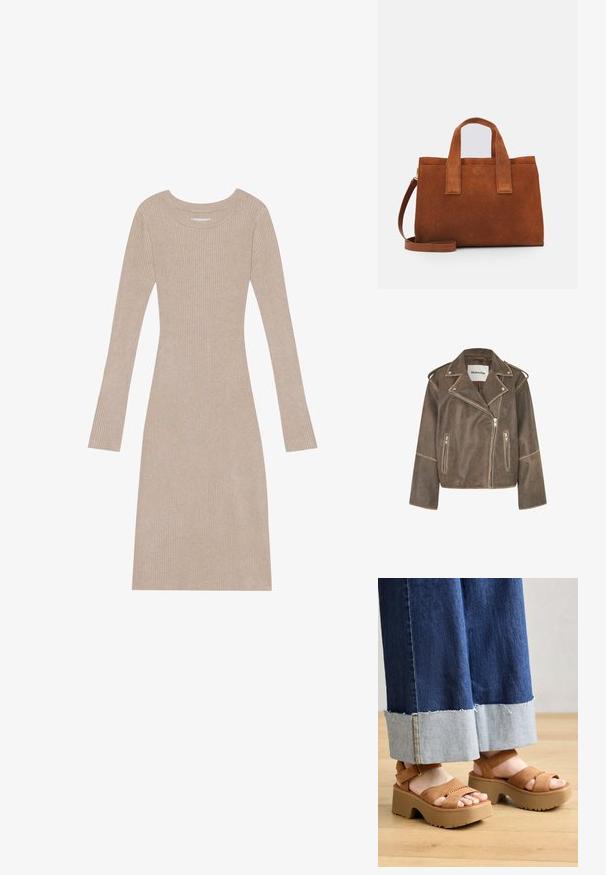 Ruskea nahkainen moottoripyörätakki, jossa on lovellinen kaulus, epäsymmetrinen vetoketju ja kaksi etu vetoketjullista taskua. Pintakuviointi ja hartioiden korostukset.; Beige ribbed knit dress with long sleeves, crew neckline, bodycon shape, and soft texture. Features vertical lines throughout.; Ruske suède platform sandale s dvostrukim trakama, s teksturiranom potplatom i debelim, oblikovanim petama. Nosive uz traperice.; Ruskea mokkanahkainen käsilaukku, jossa on kaksi yläkahvaa ja säädettävä olkahihna. Ominaisuuksiin kuuluu rakenteellinen muoto ja minimalistinen muotoilu.