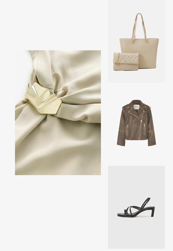 Barna bőr motoros dzseki, amelyet hajtott gallér, aszimmetrikus cipzár és két elülső cipzáras zseb jellemez. Texturált felület vállkitüntetésekkel.; Beige szövet sima textúrával, középen ráncolva, arany színű fémlakkal, geometrikus mintával.; Fekete pántos szandál négyzetes orral és alacsony blokk sarkal. Több vékony pánttal és állítható boka pánttal rendelkezik. Sima bőrből készült.; Beige tote táska lapos fogantyúkkal, sima textúrával és arany hardverekkel, egy hozzáillő steppelt clutch-csal kombinálva, amely lánc pánttal rendelkezik.