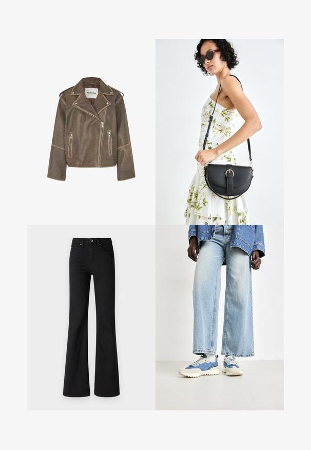 Brūns ādas motocikla jaka ar ieliektu apkakli, asimetrisku rāvējslēdzēju un diviem priekšējiem rāvējslēdzēju kabatām. Tekstūras apdare ar plecu akcentiem.; Balts bez piedurknēm tops, kas izgatavots no mīkstas kokvilnas. Iespējo apaļu dekoltē un taisnu griezumu. Vienkāršs dizains bez redzamām rakstu vai akcentu detaļām.; Melni flared džinsi no denima ar augsto jostasvietu, pieciem kabatām, priekšējo pogu un rāvējslēdzēja aizdari, gluda tekstūra.; Zilas džinsu platās kājas bikses apvienotas ar zilām un krēmkrāsas sporta apaviem, kas izceļas ar teksturētu audumu un auklām, fona ir neitrāls.; Melnas ādas rokassoma ar izliekta formu, noņemamu siksnu un zelta aksesuāriem. Somai ir vāciņš ar sprādzes detaļu.