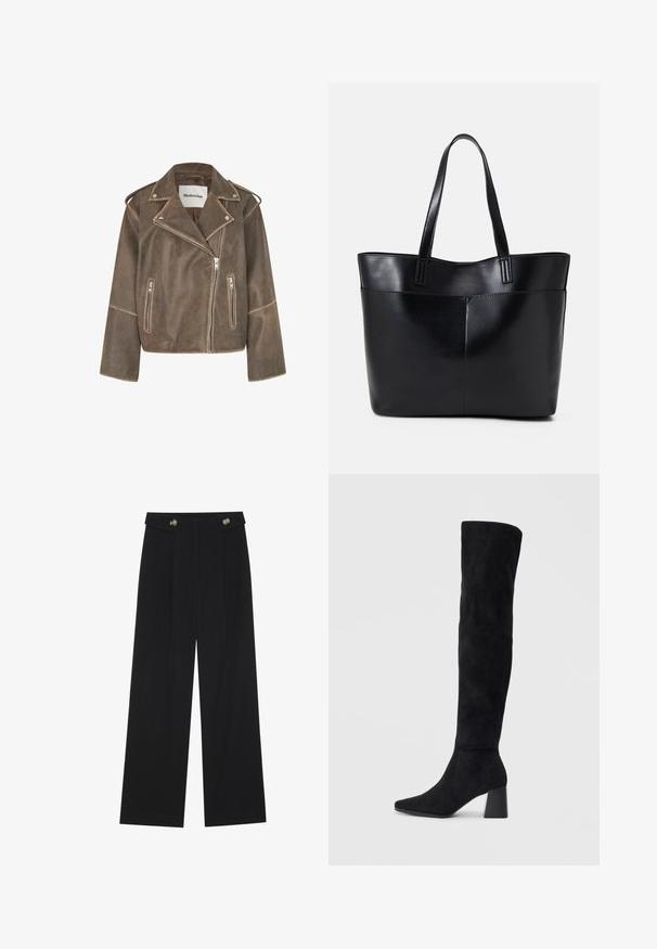 Braune Leder-Motorradjacke mit aufgeschlagenem Kragen, asymmetrischem Reißverschluss und zwei vorderen Reißverschlusstaschen. Texturierte Oberfläche mit Schulterakzenten.; Zwei Langarmoberteile, eines schwarz und eines weiß, beide mit einem quadratischen Ausschnitt und aus weichem, dehnbarem Stoff.; Schwarze weite Hosen mit hoher Taille, Knopfdetails am Bund und vorderen Falten.; Schwarze Wildleder-Stiefel bis zum Knie mit Blockabsatz, spitzer Zehe und glattem, nahtlosem Design auf einem schlichten, hellen Hintergrund.; Schwarze Leder-Shopper-Tasche mit zwei langen Griffen, einer glatten Textur und einer strukturierten Form. Verfügt über eine Vordertasche für zusätzlichen Stauraum.