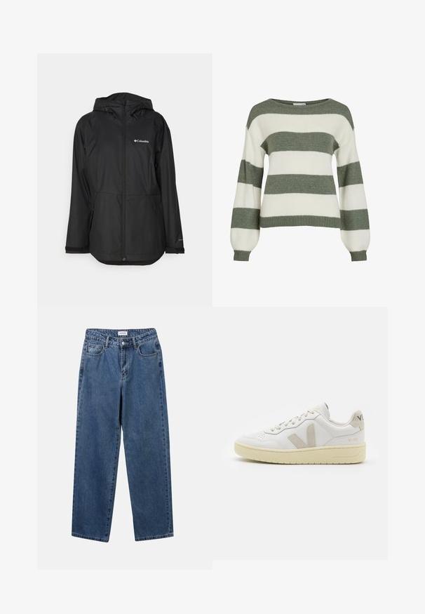 Black waterproof jacket with a hood, zip closure, side pockets, and a logo on the left chest. Smooth texture and lightweight design.; Green and white striped sweater, featuring a relaxed fit, wide sleeves, and ribbed cuffs. Made from soft, textured knit material.; Classic blue denim jeans with a straight-leg design, five pockets, and a button closure. Features a medium wash and sturdy texture.; White leather sneaker with beige suede accents, perforated toe box, flat laces, and a textured cream sole. Features subtle branding on heel.
