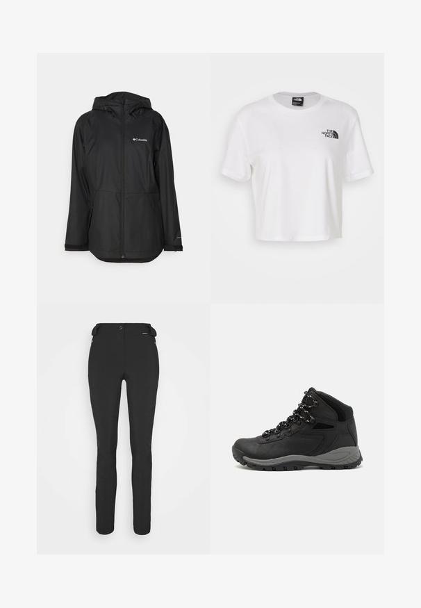 Black waterproof jacket with a hood, zip closure, side pockets, and a logo on the left chest. Smooth texture and lightweight design.; White cropped t-shirt made of cotton with a round neckline and short sleeves. Features a black logo on the left chest.; Black, fitted pants made from a flexible material. Features include a zippered side pocket, articulated knees, and a smooth texture.; Black hiking boot with a mid-top design, featuring a textured upper, gray accents, and durable rubber sole with traction lugs.