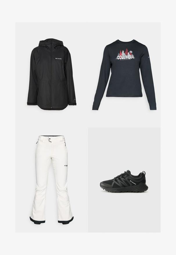 Črna nepremočljiva jakna s kapuco, zadrgo, stranskimi žepi in logotipom na levem prsnem delu. Gladka tekstura in lahka zasnova.; Majica z dolgimi rokavi temno siva z grafiko rdečih dreves in gora; logotip "COLUMBIA" v krepki beli barvi. Mehka tkanina, standarden krojen ovratnik.; Bele smučarske hlače iz mehkega, fleksibilnega materiala. Imajo prilegajoč pas, široke razširjene noge in črno obrobo na koncih. Vidno je blagovno znamenje.; Columbia PEAKFREAK - Pohodniški čevlji - black
