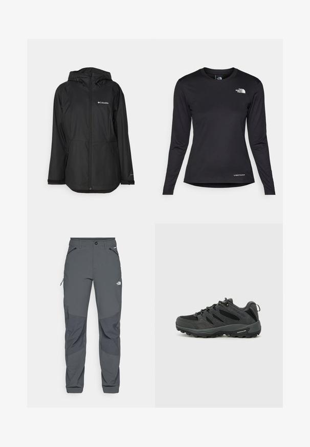 Schwarze wasserdichte Jacke mit Kapuze, Reißverschluss, seitlichen Taschen und einem Logo auf der linken Brust. Glatte Textur und leichtes Design.; The North Face SHADOW LONG SLEEVE - Langarmshirt - black; Dunkelgraue Outdoor-Hosen mit verstärkten Kniebereichen, seitlichen und vorderen Taschen mit Reißverschluss, Knopfverschluss und dem The North Face-Logo auf dem Oberschenkel.; Columbia REDMOND - Hikingschuh - black/citron haze
