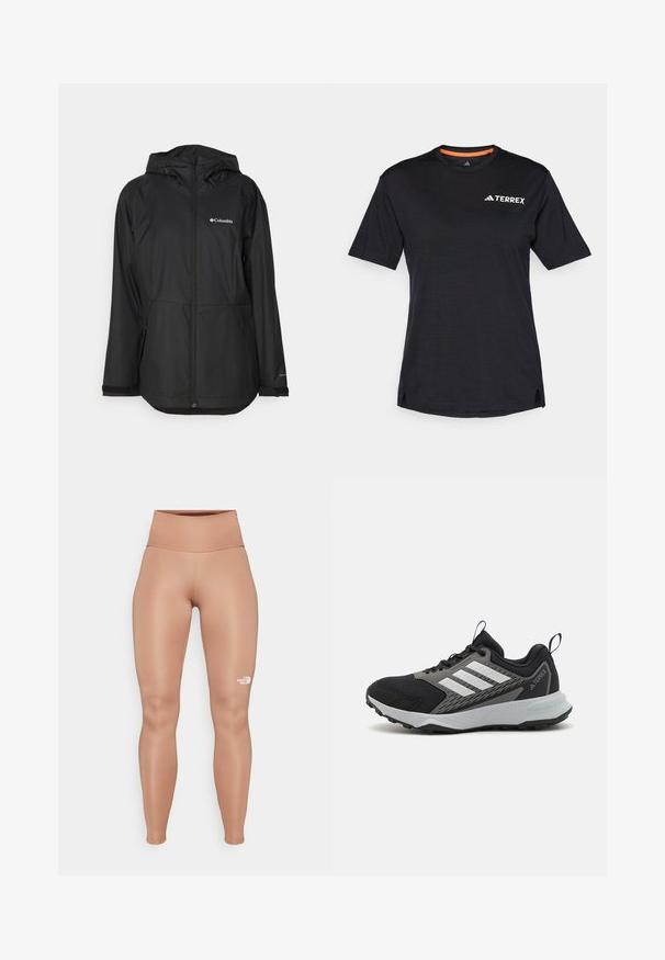 Schwarze wasserdichte Jacke mit Kapuze, Reißverschluss, seitlichen Taschen und einem Logo auf der linken Brust. Glatte Textur und leichtes Design.; Schwarzes Kurzarm-T-Shirt mit Rundhalsausschnitt, das eine dezente melierte Textur aufweist und ein weißes "TERREX"-Logo auf der oberen linken Seite hat.; Hochgeschnittene, figurbetonte Leggings in einem hellbraunen Farbton. Hergestellt aus glattem, dehnbarem Material mit einem weißen Logo auf dem linken Oberschenkel.; Schwarzer Sportschuh mit grauen Akzenten, ausgestattet mit einem strukturierten Mesh-Obermaterial, drei weißen Streifen und einer Gummisohle für besseren Halt.