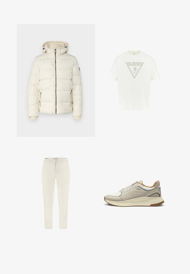 Guess MONOGRAM - Winterjacke - quicksand; Weißes Baumwoll-T-Shirt mit einem großen grauen dreieckigen Grafikdesign, auf dem "GUESS", "U.S.A." und "NINETEEN EIGHTY-ONE" steht. Kurze Ärmel, runder Ausschnitt.; Beige Slim-Fit-Hosen mit Gürtelschlaufen, Knopf- und Reißverschluss, knöchellang.; Helle beiger Sneaker mit Obermaterial aus Leder und Mesh, durch perforiertes Design, braunen Akzenten an der Ferse und strukturiertem Gummisohle. Logo an der Seite.