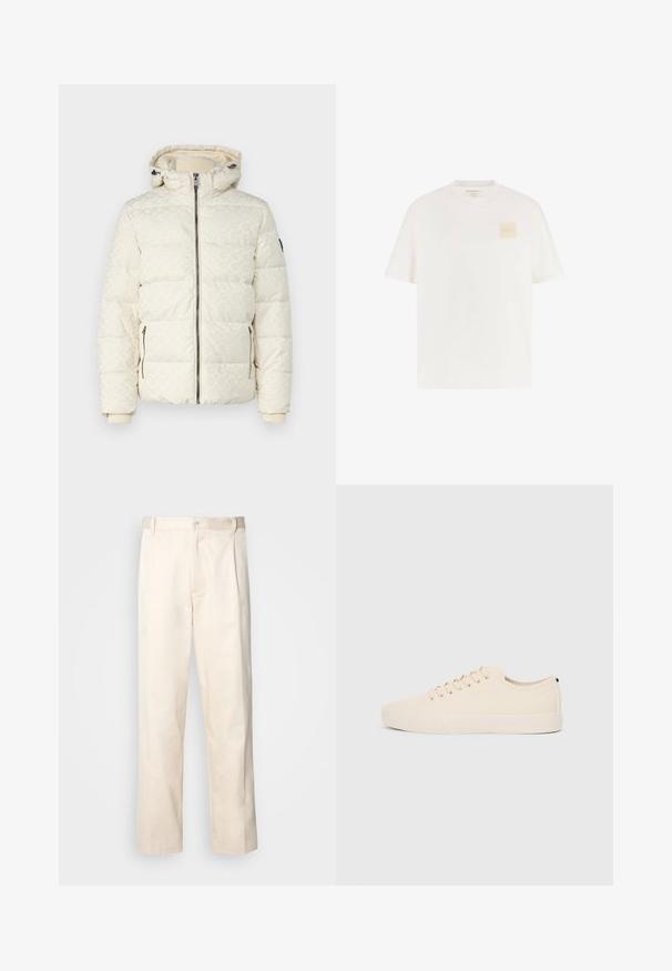 Guess MONOGRAM - Vinterjacka - quicksand; Vit bomullströja med korta ärmar, rundad halsringning och en fyrkantig beige logotyp på vänster bröst. Slät textur, avslappnad passform.; Beiga bomullbyxor med rak benform, utrustade med knappstängning och veck framtill för extra detalj.; Beige canvas sneakers med rund tå, platt gummisul och snörning framtill. Har en minimal design och en kontrasterande svart accent vid hälen.