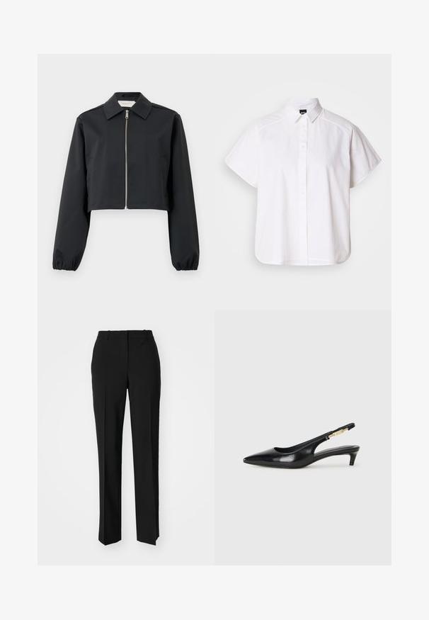 Melnā īsā jaka, izgatavota no gludas auduma, ar apkakli, priekšējo rāvējslēdzēja aizdari un elastīgām piedurknēm. Vienkāršs dizains bez rakstiem.; Balta īsajām piedurknēm krekls ar pogām un norādītu apkakli, kā arī viļņotu apakšmalu. Izgatavots no kokvilnas ar gludu tekstūru un bez redzamām rakstām.; Melnas pielāgotas bikses ar taisnu kāju dizainu, kas raksturojas ar gludu faktūru un asiem krokām pa priekšu. Nav redzamu metāla detaļu.; Melnas ādas slingback zābaki ar smailu purngalu, ar šauru papēdi un zelta krāsas akcentu uz regulējama siksniņas. Gluda tekstūra.