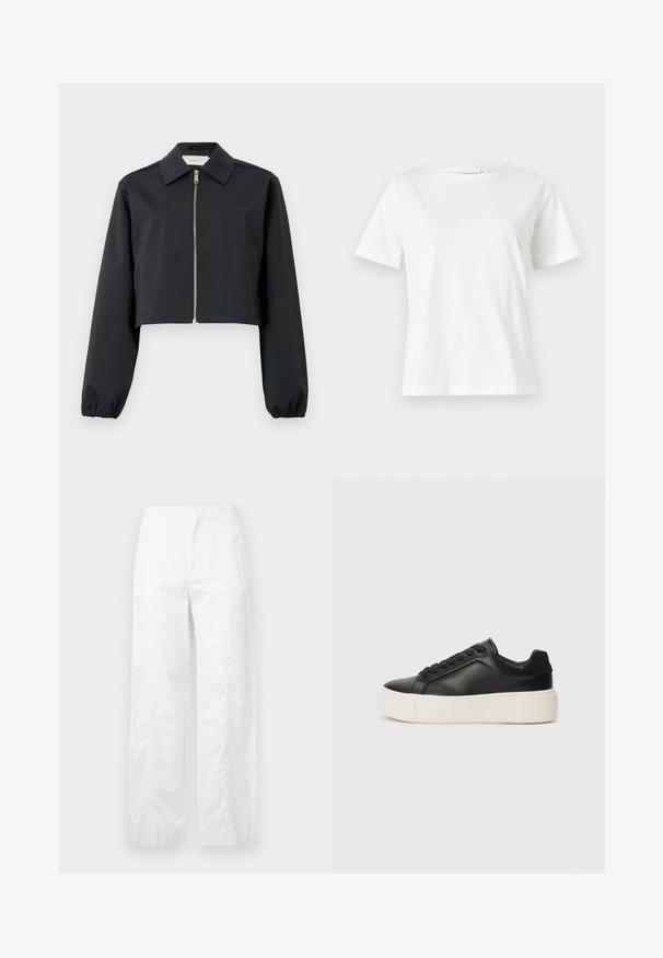 Crna skraćena jakna od glatkog materijala, s ovratnikom, prednjim patentnim zatvaračem i elastičnim manžetama. Jednostavan dizajn bez uzoraka.; Bijela pamučna majica s kratkim rukavima, okruglim izrezom i opuštenim krojem. Glatka tekstura, bez uzoraka ili akcenata, minimalistički dizajn.; Bijele široke hlače od laganog materijala, s glatkom teksturom, čistim linijama i visokim strukom.; Crne kožne tenisice sa zaobljenim vrhom, bijelom platformom i crnim vezicama. Imaju suptilan logo na peti i glatku teksturu.