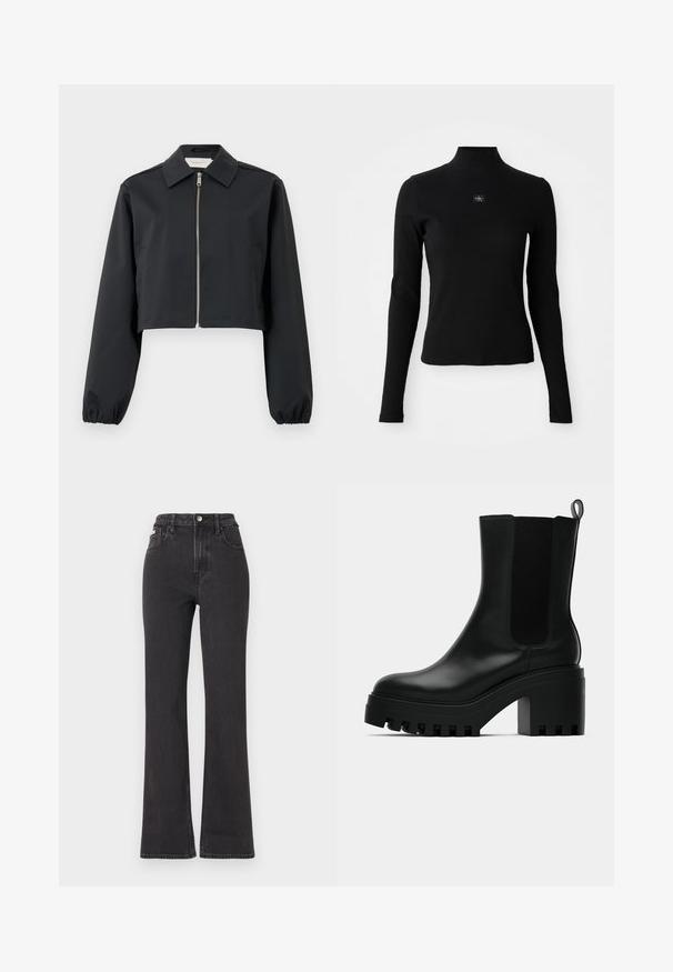 Čierna skrátená bunda vyrobená z hladkej tkaniny, s golierom, predným zipsom a elastickými manžetami. Jednoduchý dizajn bez vzorov.; Čierny dlhý rukáv s vysokým golierom a priliehajúcim dizajnom. Na prednej strane sa nachádza malá nášivka s logom. Hladká, rebrovaná textúra.; Čierne džíny s vysokým pásom a rozšírenými nohavicami vyrobené z denimu, s gombíkovým zapínaním, pútkami na opasok a bočnými vreckami. Hladká textúra s minimálnym ošúchaním.; Čierne kožené členkové topánky s okrúhlou špičkou, robustnou platformou a bočnými akcentmi z jemnej sieťoviny. Obsahujú pútko pre jednoduché obúvanie.