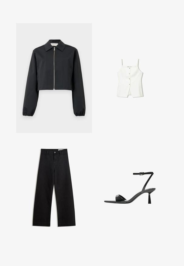 Mustapintainen lyhyt takki, joka on valmistettu sileästä kankaasta. Siinä on kaulus, edessä vetoketjukiinnitys ja joustavat hihansuut. Yksinkertainen muotoilu ilman kuvioita.; Valkoinen hihaton toppi, jossa on nappikiinnitys edessä, sivutaskut ja istuva muotoilu, jossa on hieman levenevä helma. Sileä rakenne, vähäinen yksityiskohtaisuus.; Mustat leveät farkut korkealla vyötäröllä, joissa on etu- ja takataskut, ommellut saumat ja nappisuljenta. Silkinoinen rakenne.; Bershka Korolliset sandaalit - black