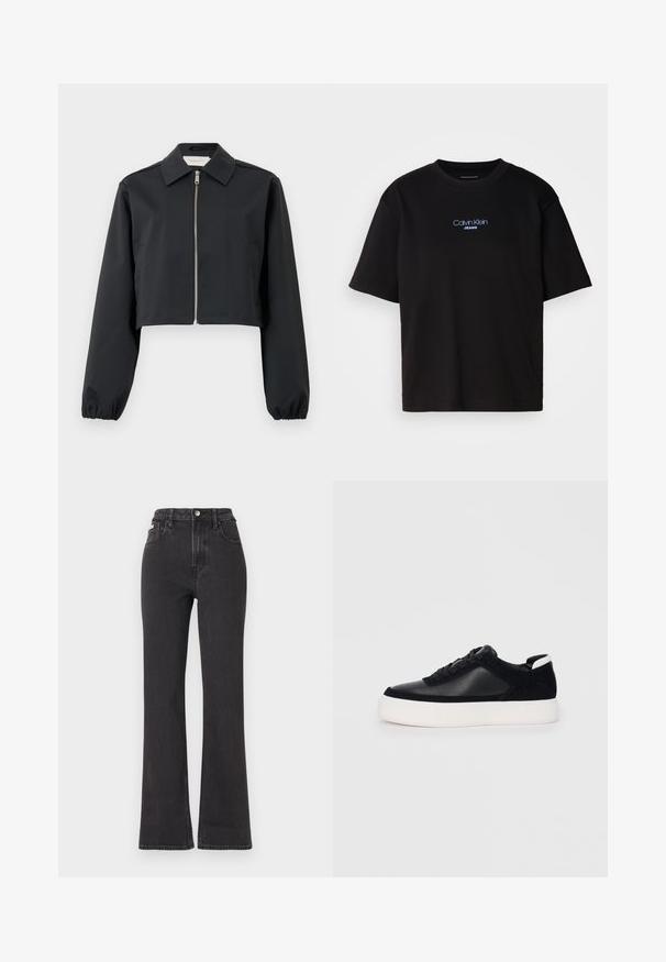 Schwarze cropped Jacke aus glattem Stoff, mit Kragen, Frontreißverschluss und elastischen Bündchen. Einfaches Design ohne Muster.; Schwarzes Baumwoll-T-Shirt mit Rundhalsausschnitt, kurzen Ärmeln und blau gesticktem "Calvin Klein JEANS"-Logo auf der Vorderseite.; Schwarze, hochgeschnittene Schlagjeans aus Denim mit Knopfverschluss, Gürtelschlaufen und seitlichen Taschen. Glatte Textur mit minimaler Ausbleichung.; Schwarze Sneakers mit glattem Leder und Wildleder-Einsätzen, flachen Schnürsenkeln, runder Zehenpartie und einer weißen Gummisohle. Deutliches Logo an der Ferse.
