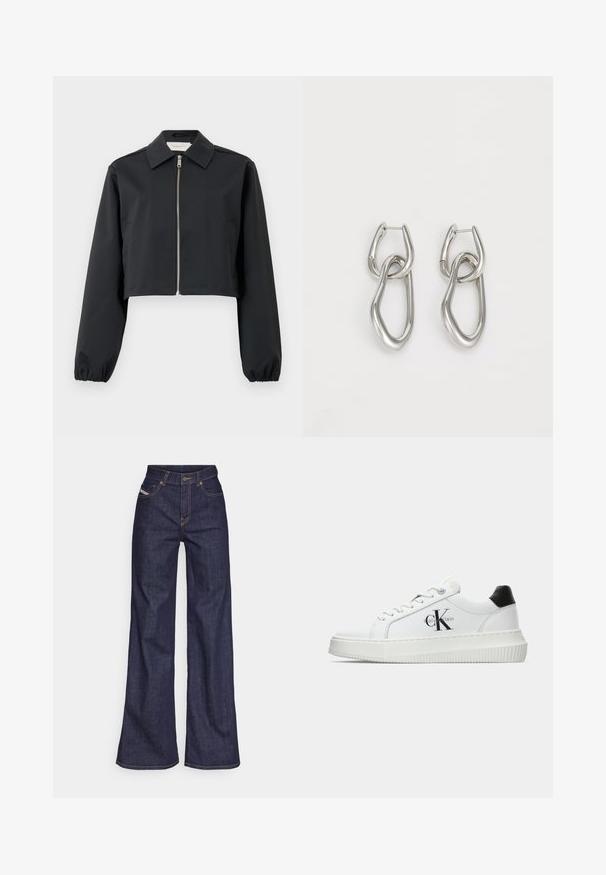 Sort cropped jakke lavet af glat materiale, med krave, lynlås foran og elastiske manchetter. Enkel design uden mønstre.; Hvid kortærmet t-shirt lavet af bomuld. Har en rund halsudskæring og en glat overflade, med minimal syning synlig ved kanten.; Mørkeblå bredbenede jeans i denimstof med høj talje, prydet med orange stikninger, fem-lomme design og knaplukning.; Hvide lavtoppede sneakers med sort hælkænke, platformssål, snørebånd og Calvin Klein "CK" logo på siden.; Calvin Klein STATEMENT LINKS - Øreringe - silver-coloured