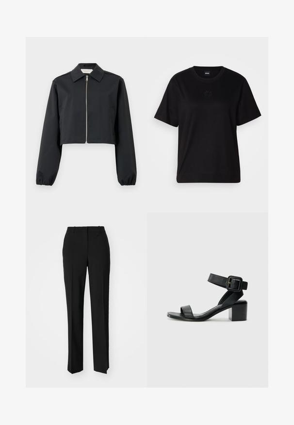 Mustmust katsik, mis on valmistatud siledast kangast, millel on krae, säästlik esinepikkus ja elastsed mansetid. Lihtne disain, ilma mustriteta.; Mustmust särk, millel on ümar kaelus, lühikesed varrukad ja tindiga tikitud logo rinnal. Lihtne, mugav lõige ilma mustriteta.; Mustad ja sirged püksid, millel on sile tekstuur ja teravad voldid esiosas. Ilma nähtavate detailideta.; Must mustlastest mustaala sandaal, millel on reguleeritav pahkluu rihm, avatud varvaste disain ja ruudukujuline plokknina. Sujuv tekstuur, minimalistlik stiil.