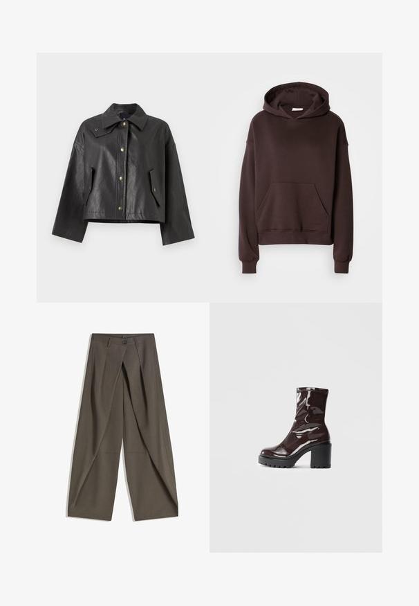 Zwarte cropped jas van gestructureerd leer met een puntslag kraag, sluiting aan de voorkant met drukknopen en zijzakken. Heeft gouden hardware-accenten.; Bruine hoodie gemaakt van zachte stof, met een grote capuchon, een voorkeurszak en ribbelmanchetten en -zoom. Eenvoudig, casual ontwerp zonder patronen.; Wijdvallende broek gemaakt van een gestructureerde, donkergrijze stof. Heeft een voorplooien, een knopenluiting en zijzakken voor praktische doeleinden.; Glanzende bordeauxrode enkelboot met een chunky zwarte hak, met een gladde textuur en een eenvoudig ontwerp. Geen zichtbare sluitingen of patronen.
