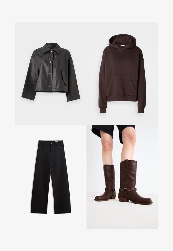Čierna skrátená bunda z textúrovanej kože s špicatým golierom, predným zapínaním na cvoky a bočnými vreckami. Obsahuje akcenty z pozlateného kovu.; Hnedá mikina s kapucňou vyrobená z mäkkej látky, s veľkou kapucňou, prednou vreckom a rebrovanými manžetami a spodným lemom. Jednoduchý, ležérny dizajn bez vzorov.; Čierne denimové nohavice s širokými nohavicami a vysokým pásom, so prednými a zadnými vreckami, šitými švami a zapínaním na gombík. Hladká textúra.; Hnedé kožené vysoké čižmy s okrúhlou špičkou, štruktúrovaným povrchom, opaskom okolo členka a detailmi zo strieborného kovu; s vysokým podpätkom.