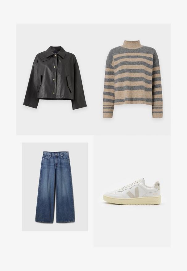 Melnā īsā jaka, izgatavota no teksturētas ādas, ar smailu apkakli, priekšējo pogu aizdari un sānu kabatām. Iespējas ar zeltītiem aksesuāriem.; Raitaināta džemperis ar pelēkajām un bežām krāsām, augstu apkakli, platām aprocēm un brīvu piegriezumu ar īsu dizainu.; Platām kājām zila denima bikses ar izbalējušu apdari, ar pogu un rāvējslēdzēju, pieciem kabatām un jostu cilpām.; Baltas ādas sporta apavu pāris ar bēšiem zamša akcentiem, caurumiņu purngalā, plakanu šņorēšanu un teksturētu krēmkrāsas zoli. Iezīmējas ar diskrētu zīmolu uz papēža.