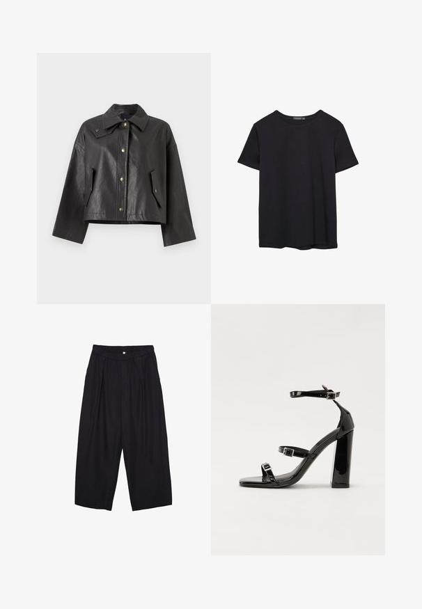 Giacca nera corta realizzata in pelle texturizzata con colletto a punta, chiusura frontale a pressione e tasche laterali. Presenta dettagli in metallo dorato.; T-shirt nera in cotone a maniche corte con collo a giro, esposta su uno sfondo bianco.; Pantaloni culotte neri in poliestere con una cintura elastica, due pieghe frontali e una silhouette ampia. Nessun motivo visibile o dettagli in metallo.; Sandali con tacco in vernice nera, con punta squadrata, cinturini alla caviglia e fibbie in argento. Presentano un tacco a blocco spesso per maggiore stabilità.