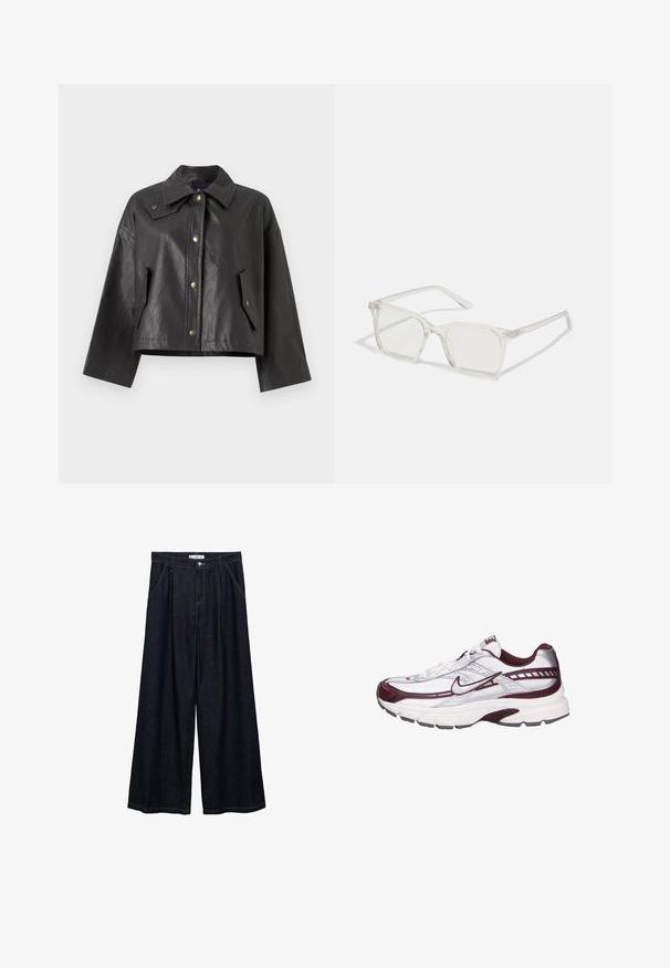 Zwarte cropped jas van gestructureerd leer met een puntslag kraag, sluiting aan de voorkant met drukknopen en zijzakken. Heeft gouden hardware-accenten.; Witte katoenen tanktop met brede schouderbanden, een ronde halslijn en een gladde, geribbelde textuur. Geen patronen of accenten aanwezig.; Donkerdenim wijde-broek met een hoge taille, voorzien van een sluiting met knoop aan de voorkant, twee zijzakken en stikdetails.; Witte sportieve schoen met bordeaux accenten, voorzien van een mesh bovenwerk, reflecterende details en een gevoerde middenzool.; Heldere plastic vierkante monturen met doorzichtige glazen, gekenmerkt door gouden accenten op de slapen voor extra detail.; Een glanzende gouden tote bag met bruine hengsels, geopend om een zwarte binnenkant en een ritsvak aan de zijkant te onthullen.