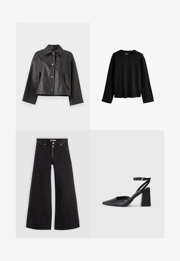 Veste noire cropped en cuir texturé avec un col pointu, fermeture à pression à l'avant et poches latérales. Dotée d'accents en métal doré.; T-shirt noir à manches longues en coton doux. Présente un col rond, une coupe décontractée et un design minimaliste sans motifs ni embellissements.; Jean large en denim noir avec une fermeture éclair à l'avant, un design à cinq poches et des détails de couture subtils. Texture lisse et style décontracté.; Escarpin noir en cuir à bout pointu avec une bride de cheville et un talon épais. Texture lisse, design élégant et esthétique minimaliste.