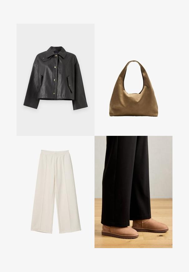 Črna skrajšana jakna iz teksturirane usnja s koničastim ovratnikom, sprednjim zapiranjem na pritisni gumb in stranskimi žepi. Ima zlatotone okrasne detajle.; Polo majica s dolgimi rokavi v smetanasti barvi z tankimi maroon črtami, s klasičnim ovratnikom in tri gumbi na zapenjanju, izdelana iz mehkega materiala.; Široke hlače kremaste barve z elastičnim pasom in sprednjim šivom, izdelane iz gladkega materiala.; Rjave nubuk škornje do gležnjev z ravnim gumijastim podplatovom, zaobljenim nosom in minimalnim šivanjem, oblečene z črnimi širokimi hlačami na leseni tlaki.; Brahna torba preko rame iz rjave tkanine s širokim, zaobljenim tijelom i velikim izrezanim ručkom. Meka tekstura, minimalistički dizajn i bez vidljivih metalnih dijelova.