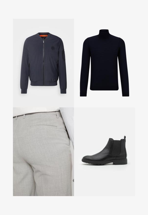Kék bomber dzseki kerek gallérral, elülső cipzárral, oldalsó zsebekkel, bordás mandzsettákkal és narancssárga béléssel. Az elején logó található.; Sötét navy kék garbó pulóver, finom kötött anyagból, hosszú ujjal és testhezálló, magas nyakkal. Nincsenek látható minták vagy díszítések.; Világosszürke, texturált anyagból készült szabott nadrág, egyetlen hátsó zsebbel és tiszta varrással.; Fekete bőr Chelsea csizma, elasztikus oldalpanellel és húzófüllel, lekerekített orral és texturált gumitalppal.