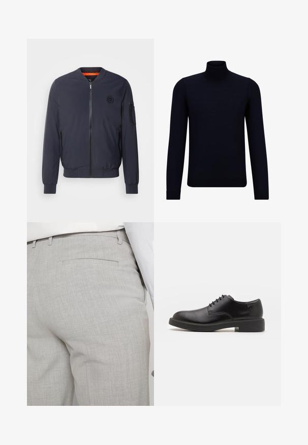 Giubbotto bomber blu navy con colletto rotondo, zip frontale, tasche laterali, polsini a costine e fodera interna arancione. Presenta un logo sul petto.; Maglione a collo alto di colore blu navy scuro, realizzato in tessuto a maglia fine, con maniche lunghe e un collo alto attillato. Nessun motivo o dettaglio visibile.; Pantaloni sartoriali grigio chiaro realizzati in tessuto strutturato, con una tasca posteriore singola e cuciture pulite.; Scarpa nera in pelle con lacci, punta tonda, texture liscia, cuciture minime e tacco in gomma basso. Logo sul tacco.