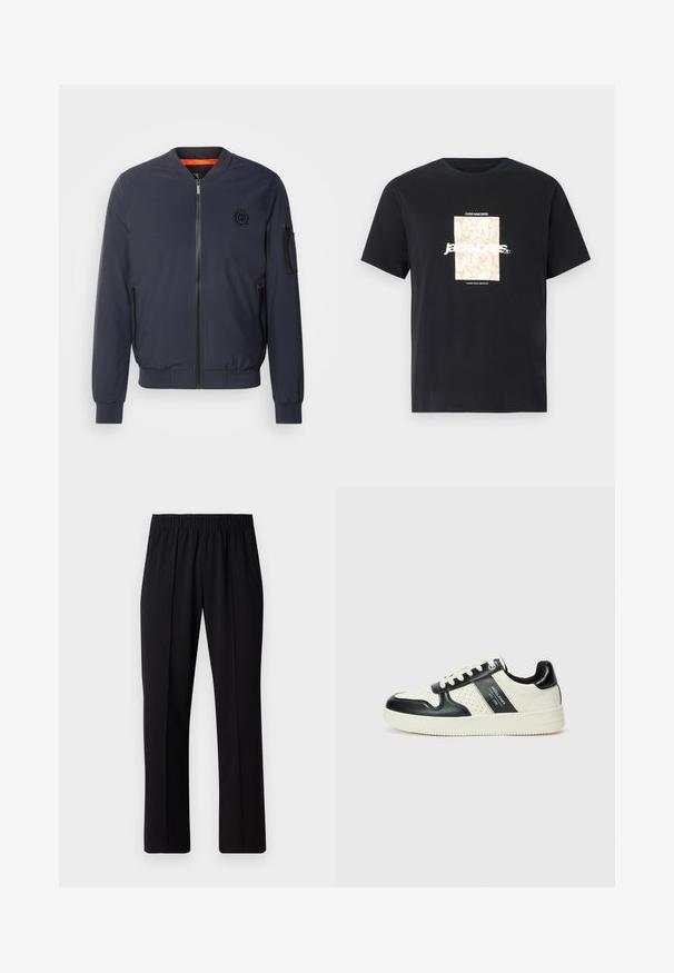 Veste de pilote navy avec un col rond, une fermeture éclair frontale, des poches latérales, des poignet côtelés et une doublure intérieure orange. Présente un logo sur la poitrine.; T-shirt noir en coton avec col rond. Présente un graphique rectangulaire beige et un texte blanc "JAWO" centré sur le devant. Manches courtes.; Pantalons noirs à taille élastique avec une coupe droite, présentant une texture lisse et sans motifs ni éléments visibles.; Baskets en cuir avec un schéma de couleurs noir et crème, dotées d'accents perforés, d'un col rembourré et d'une semelle texturée.