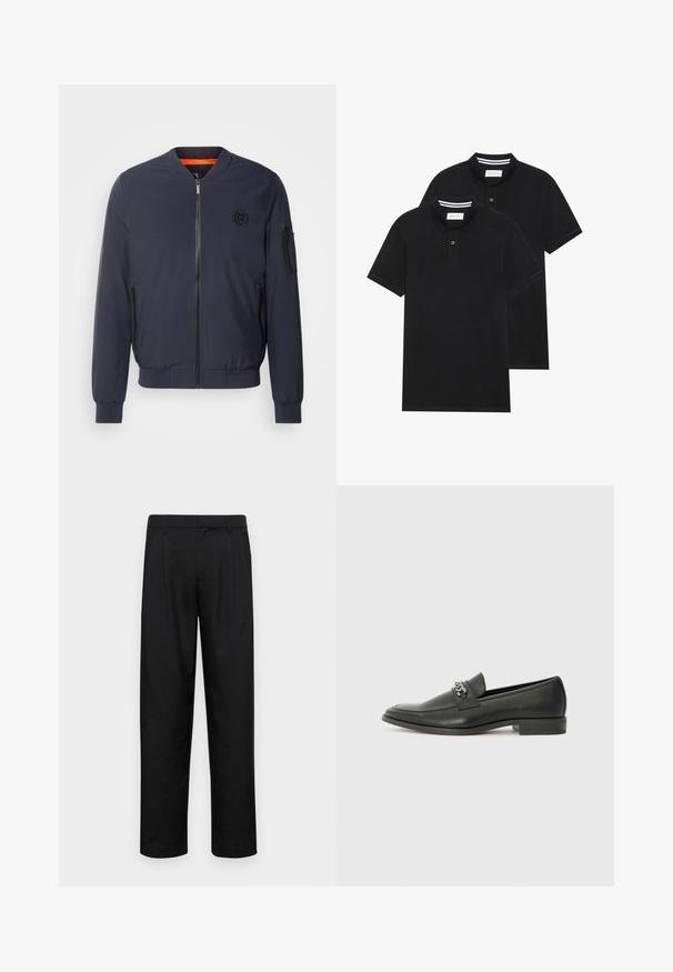 Jūrininkų bombonešis su apvaliu apykakle, priekiniais užtrauktukais, šoninėmis kišenėmis, raukšlėtomis rankovėmis ir oranžiniu pamušalu. Ant krūtinės yra logotipas.; Du žaidimų juodos polo marškiniai, trumpomis rankovėmis, pagaminti iš medvilnės, su klasikinėmis apykaklėmis, dviem mygtukais priekyje ir baltais dryžiais apykaklės viduje.; Juodi kelnių modeliai, pagaminti iš lygios medžiagos, turi tiesią kojas, du priekiniai klostės ir standartinę juosmenį su diržo kilpomis.; Juodos odinės loafer tipo bateliai su lygiu paviršiumi, turintys siuvinėtą dizainą ir dekoratyvų metalo grandinėlės akcentą ant batų viršaus. Plokščias kulnas.