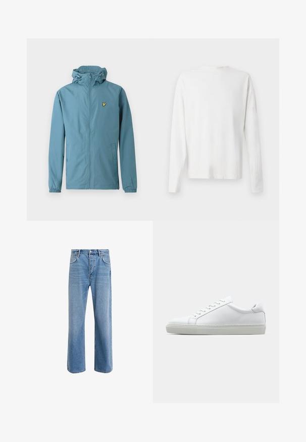 Svetle modrá bunda se zapínáním na přední zip, elastickými manžetami, kapucí se stahovací šňůrkou a malým žlutým logem na levé straně hrudi. Měkká, hladká tkanina.; Bílá bavlněná košile s dlouhým rukávem a kulatým výstřihem, s bočními rozparky na spodní části a hladkým povrchem, vystavená zezadu.; Světle modré džínové kalhoty s rovnými nohavicemi, pěti kapsami, zapínáním na knoflík, minimálním vyblednutím a kontrastním prošitím.; Bílé tenisky s hladkým koženým svrškem a nízkým profilem. Mají zaoblenou špičku, šest nýtů a texturovanou gumovou podrážku.