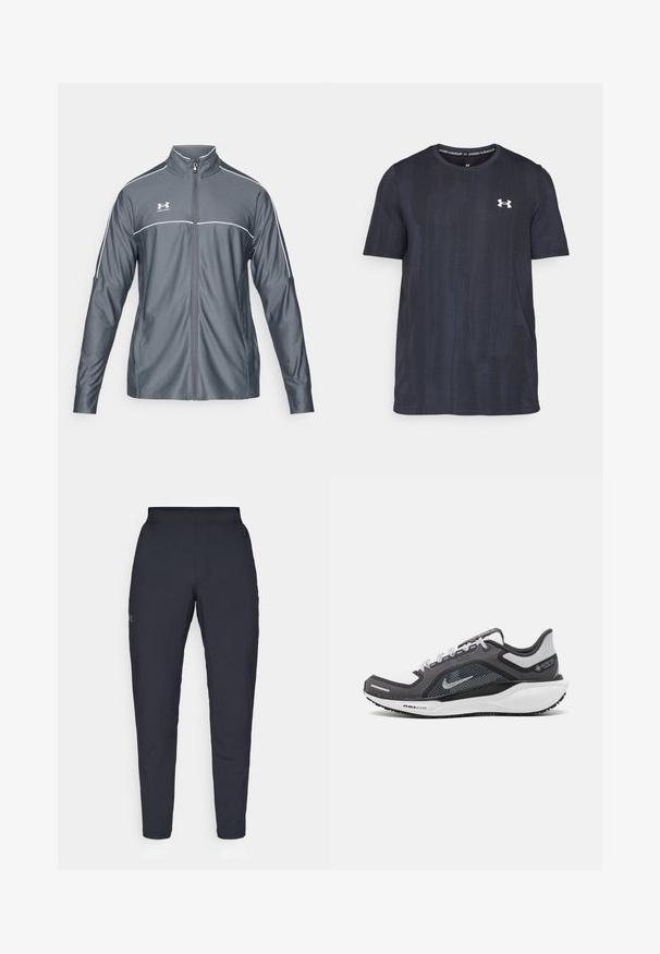 Grau atletische Jacke mit Reißverschluss vorne, hohem Kragen, weißen Akzenten an den Schultern und langen Ärmeln. Hergestellt aus glattem, dehnbarem Material.; Dunkelblaues Kurzarm-T-Shirt aus atmungsaktivem Stoff, mit einem strukturierten Muster und einem weißen Under Armour-Logo auf der Brust.; Schwarze Sporthose mit glatter Textur, schlankem Schnitt, elastischem Bund und seitlichen Taschen. Mit einem kleinen Logo auf dem linken Oberschenkel.; Schwarzer und grauer Sportschuh mit einem Mesh-Obermaterial, reflektierenden Akzenten und einer weißen Zwischensohle. Verfügt über eine strukturierte Gummisohle und Schnürsenkel.