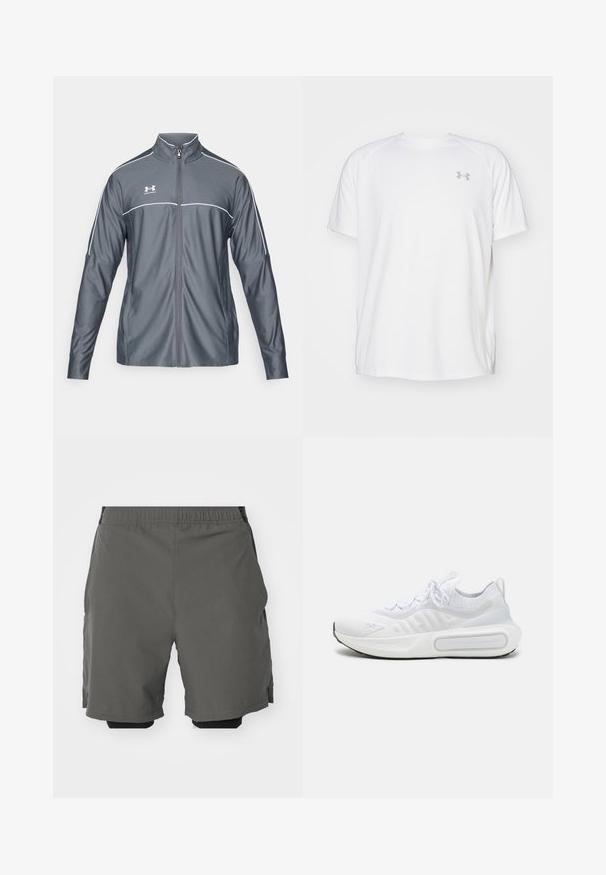 Pelēks sporta žakets ar rāvējslēdzēja priekšu, augstu apkakli, baltām акcentiem gar pleciem un garām piedurknēm. Izgatavots no gludas, elastīgas sagatavēm.; Baltas īsajiem piedurknēm sporta krekls, izgatavots no gludas auduma. Tam ir apaļa kakla izgriezums un pelēks logo uz kreisās krūtis, kā arī sānu šķēlumi apakšmalā.; Pelēki sporta šorti ar gludu, vieglu audumu un elastīgu jostasvietu, kurām ir iekšējas kompresijas šorti un sānu kabatas.; Balti sporta apavi ar teksturētu adītu augšdaļu, saites slēgšanu, mīkstu zoli un izteiksmīgu zīmola detaļu sānos.